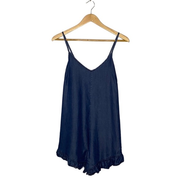 Don’t Ask Why by American Eagle Dark Blue Chambray Ruffle Hem Tank Romper - Picture 1 of 9